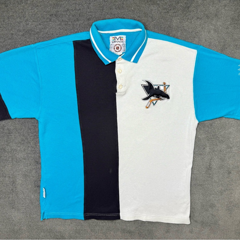 Vintage 90s San Jose Sharks Mirage NHL Polo Shirt Teal Black White Men’s Large